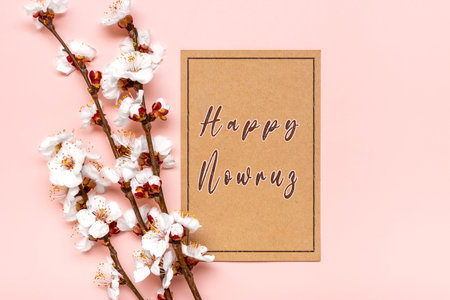 Sprigs of the apricot tree with flowers on pink background Text Happy Nowruz Holiday Concept of spring came Top view Flat lay Hello march, persian new year.の写真素材