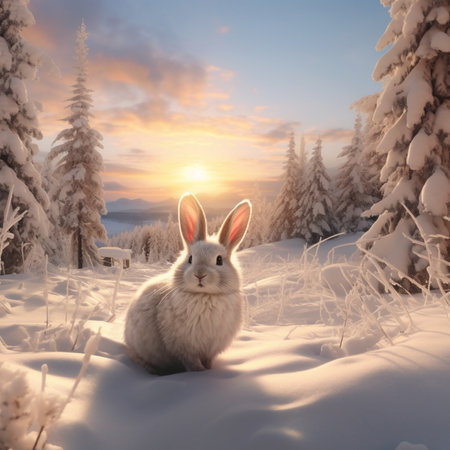 Rabbit in the winter forest at sunset. Beautiful nature landscape.の素材
