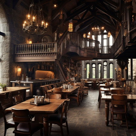 Interior of a restaurant with wooden tables and chairs in a dark roomの素材