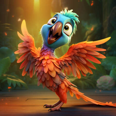 3d rendering of a cute cartoon parrot in the jungle.の素材
