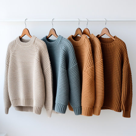 Knitted sweaters hanging on a hanger on a white wallの素材