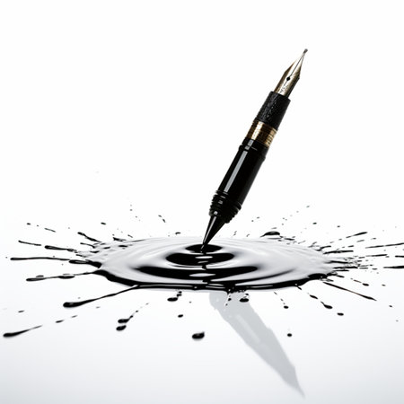 Fountain pen and ink splash on a white background. Isolatedの素材