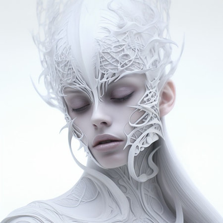 3d illustration of a beautiful woman with white hair and white skinの素材