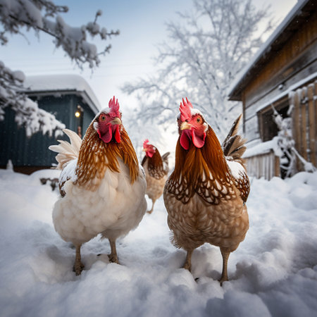 chickens in the snow in the village on a cold winter dayの素材