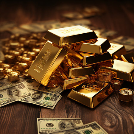 Gold bars and money on a wooden table. 3d illustration.の素材