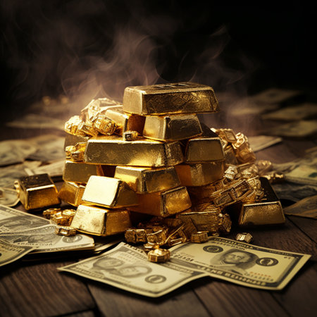 Gold bars and money on a wooden table. Gold ingot.の素材