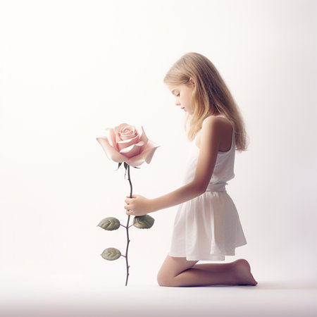 Little girl with a rose in her hands on a white background.の素材