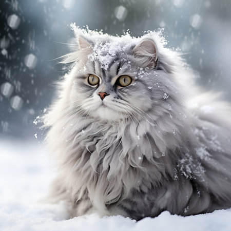 Persian cat on snow background. Fluffy pet in winter.の素材