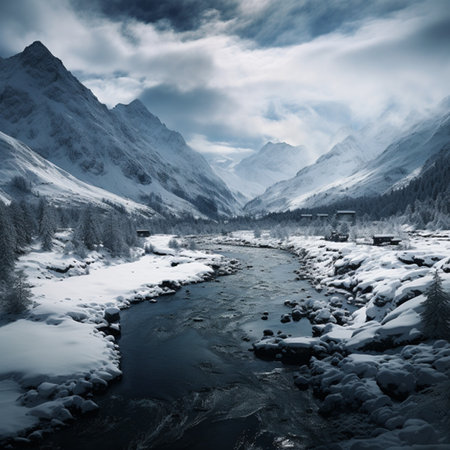 Beautiful winter landscape with a river and snow-capped mountainsの素材