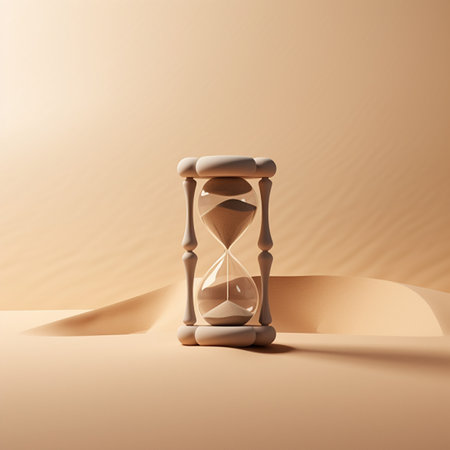 Hourglass on sand background. 3d render illustration. Time conceptの素材