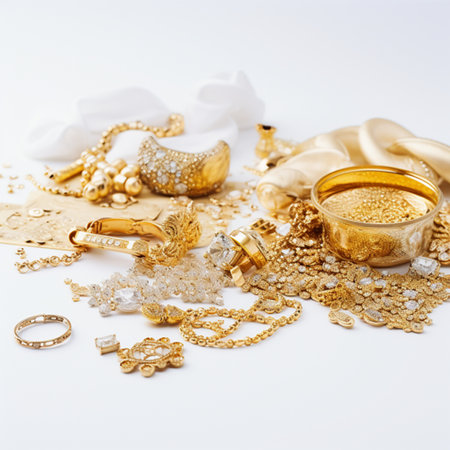 golden jewelery and earrings on white background, closeupの素材