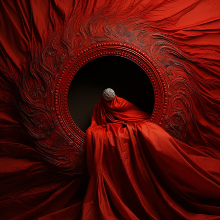 Red cloth with a round mirror in the middle. 3d renderingの素材