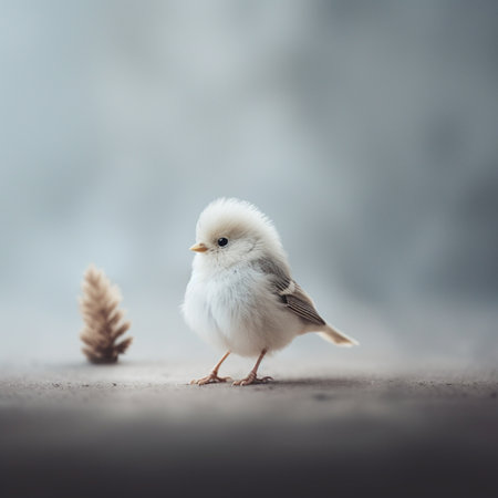 Little chick on the background of a foggy winter landscape with a spruce branch.の素材