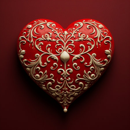 Red heart with gold ornament on a red background. 3d illustrationの素材