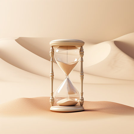 Hourglass in sand desert. 3D rendering. Time concept.の素材