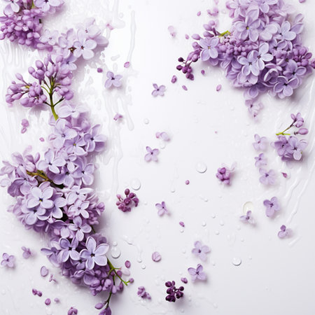 Beautiful lilac flowers on a white background. Flat lay, top viewの素材