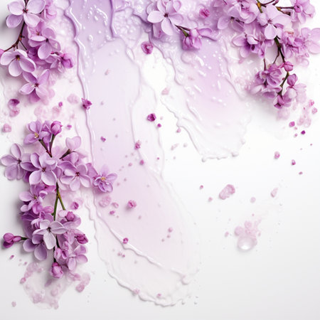 Beautiful lilac blossom with water splashes on white backgroundの素材
