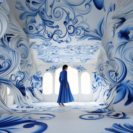 Beautiful woman in a blue dress in a blue room with a white ceilingの素材