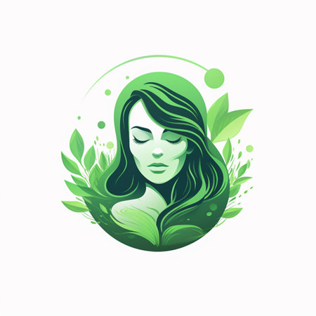 Beautiful young woman face with green leaves around her. Vector illustration.の素材