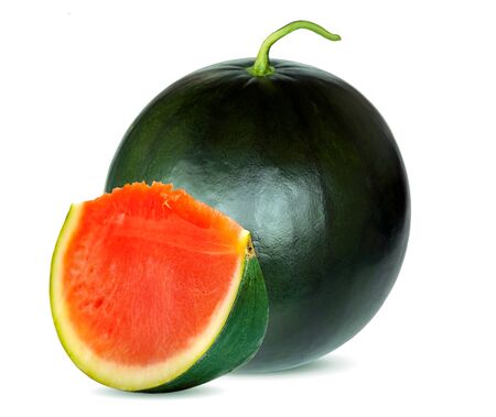 Isolated watermelon with cut watermelon slice with red flesh on white backgroundの写真素材