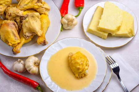 Caucasian cuisine. Circassian (Adyghe) traditional folk dish. Boiled chicken with sour cream sauce (djedlibje) Served with pasta (millet dish)の写真素材