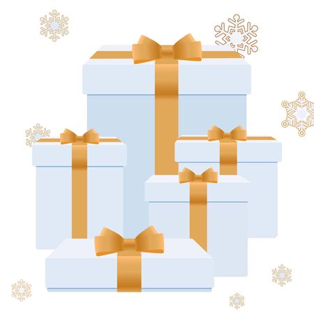 Christmas boxes with gifts. Gold snowflakes on a white backgroundのイラスト素材