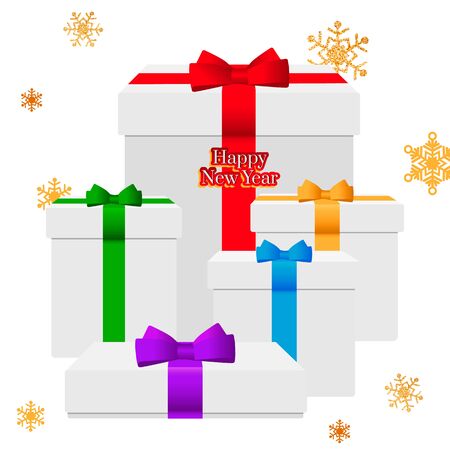 Christmas boxes with gifts. Gold snowflakes on a white background.のイラスト素材