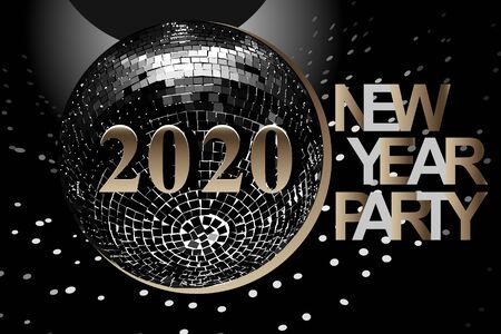 New Year Party card with numbers 2020, silver and gold text design. Vector illustration with silver and gold numbers, disco ball on black background.のイラスト素材