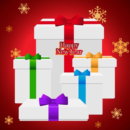Christmas boxes with gifts. Gold snowflakes on a red background.のイラスト素材