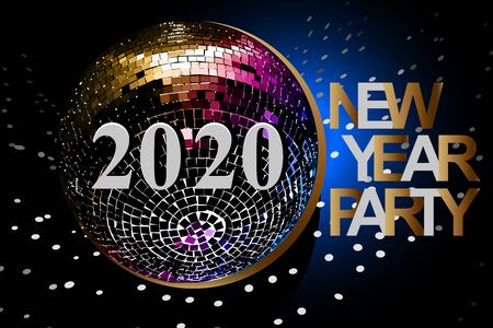 New Year Party card with numbers 2020. Vector illustration with silver and gold numbers, disco ball on black backgroundのイラスト素材