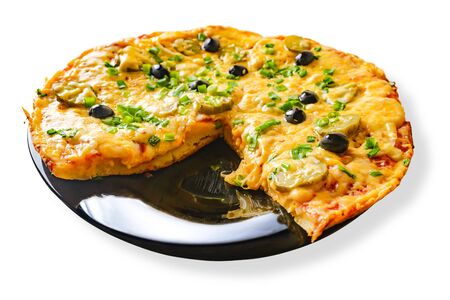 Pizza with olives. Hot delicious pizza with tomatoes, cheese, olives and green onions on isolated white backgroundの写真素材