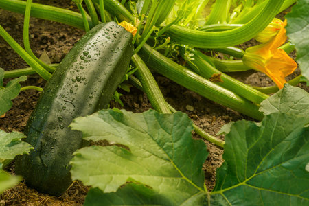 Large zucchini on a Bush with water droplets. Mature dark green zucchiniの写真素材