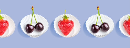 Seamless Pattern of strawberries and cherries in paper basketsの写真素材