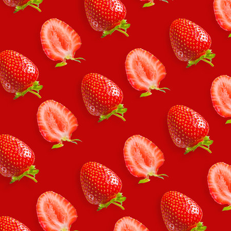 Repeating strawberry pattern on a red backgroundの写真素材