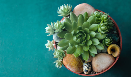 Succulent in a small pot with different stones. Stone roses on a dark backgroundの写真素材