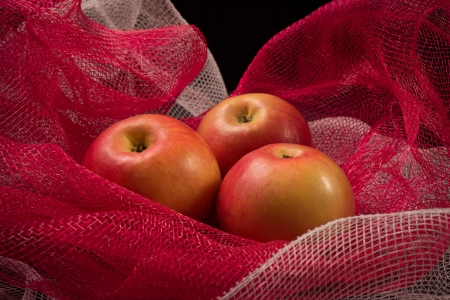 Red apples on a red background in a photographic studioの写真素材
