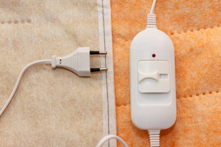 A warm two-sided new electric sheet, lies assembled, and on top of the sheet lie a temperature switch and a white fork. This is a quick and economical way to heat up in the cold season, in winterの写真素材
