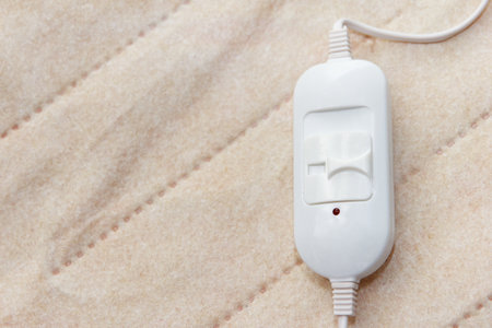 A warm two-sided new electric sheet, lies assembled, and on top of the sheet lie a white temperature...