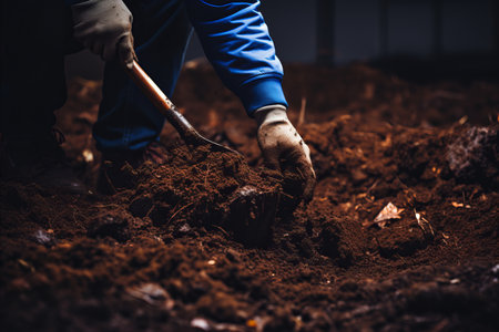 A man with gloves digs and loosens ground with a special tool. Soil preparation for spring sowing. Generated by AIの素材
