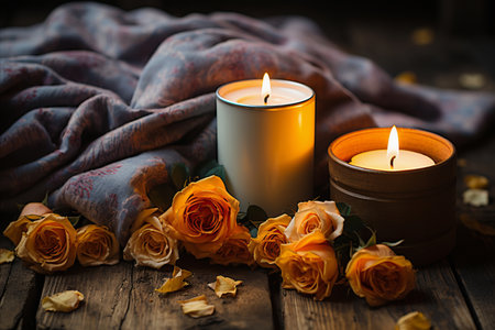 An elegant setting with two candles, roses flowers, and a cozy ambiance. Beauty background. Generated by AIの素材