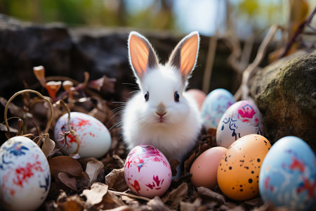 A fluffy white little rabbit sits surrounded by colorful eggs, on ground in dry leaves. Easter joy and celebration.の素材