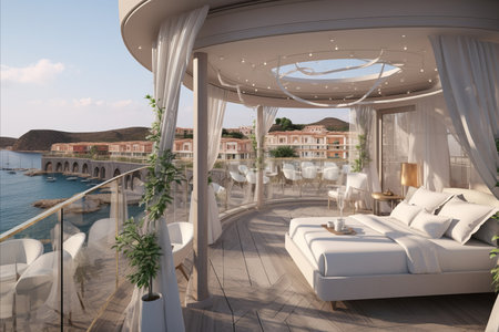 A serene bedroom outdoor on loggia with a white color scheme, creating a comfortable and spacious atmosphere, and featuring stylish furnitureの素材