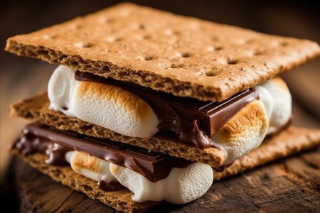 Sweet sangwich. Delicious composition of baking, chocolate and marshmallows, slightly warmedの素材