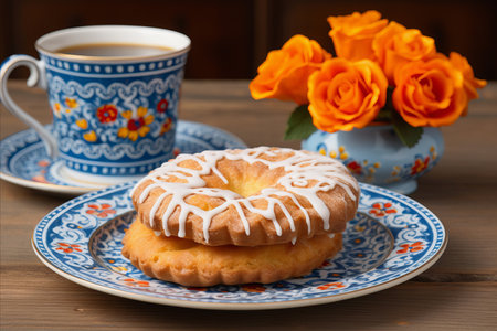 An Easter themed table set with glazed pastries, coffee and beautiful flowers on the festive tableの素材