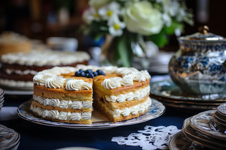 Beautifully Arranged Dessert Table with big cake with white cream and berries in Cozy Living Roomの素材