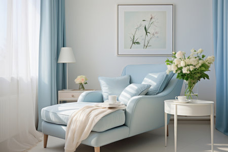 Beautifully Serene Interior Design. Transforming a Room with White and Light Blue Furniture. Generated by AIの素材