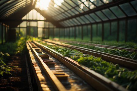 Greenhouse with various crops growing, including vibrant green salad for agricultural setting, backgroundの素材