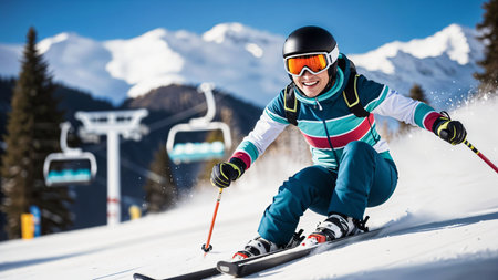 A young woman with wearing a ski helmet skis down a snowy slope. She wears a colorful ski suit and goggles. Ski lifts and mountains are in backgroundの素材