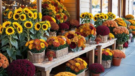 A vibrant flower shop display featuring sunflowers, chrysanthemums, and marigolds in various colors. Baskets filled with blooms line a wooden table outside a storeの素材