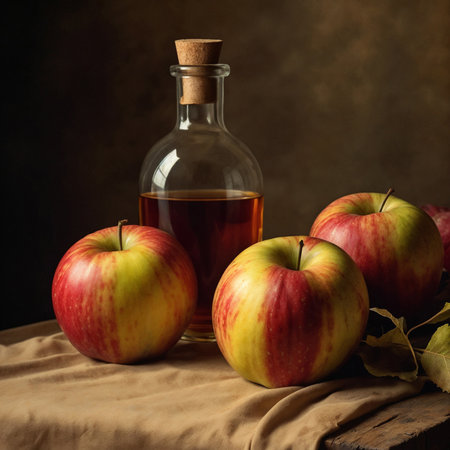 A rustic scene featuring a glass bottle of apple cider next to fresh red and green apples on a wooden table with a brown clothの素材